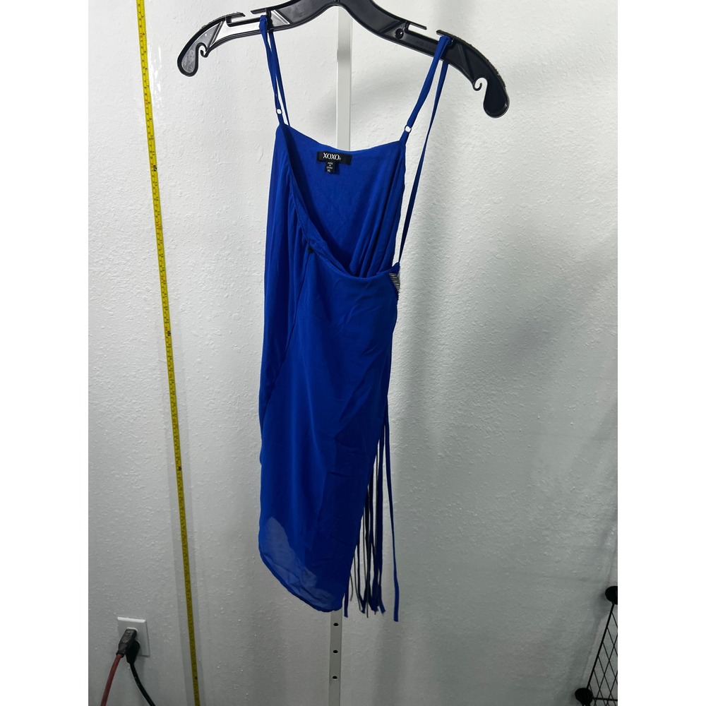 XOXO Royal Blu Draped Fringe Mini Dress XL Cobalt Sheer Chiffon Wrap Front Party